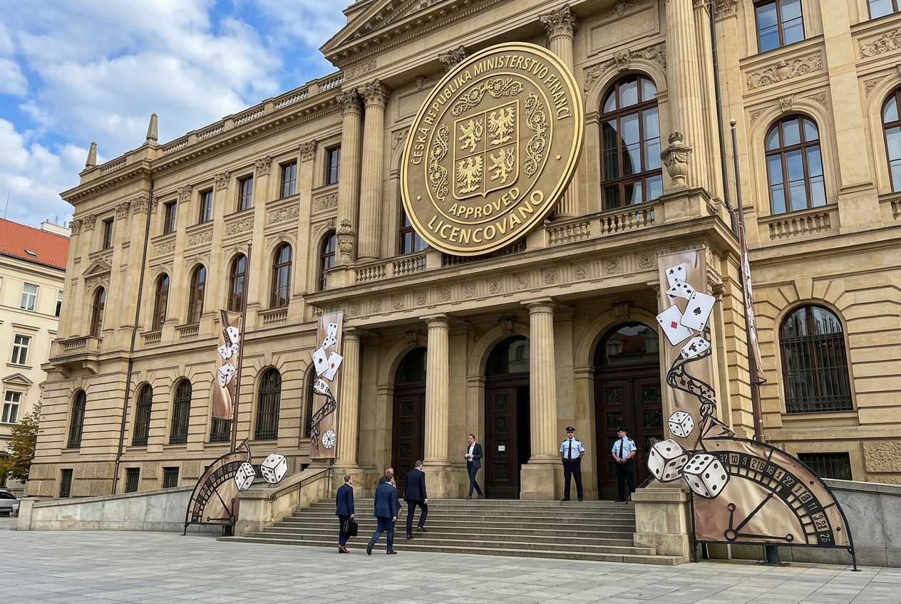 Budova Ministerstva financí ČR s oficiální pečetí a herními symboly