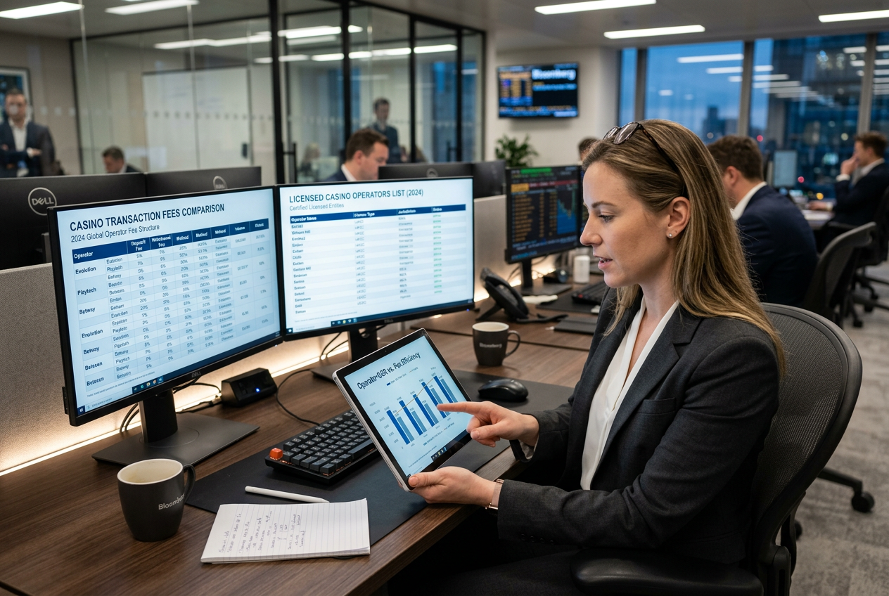 Finanční expert provádějící audit platebních metod pro online kasina na pozadí moderní kanceláře