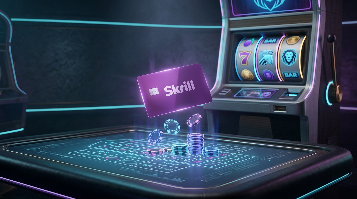Moderní vizualizace plateb Skrill v prostředí online kasina s futuristickými prvky