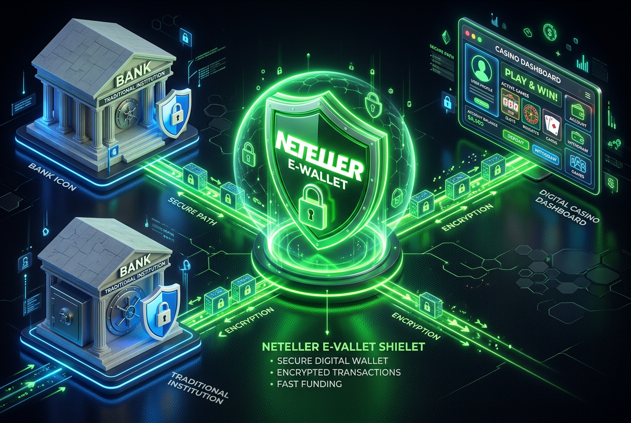 Moderní infografika znázorňující tok peněz z banky do Neteller peněženky a následně do online kasina