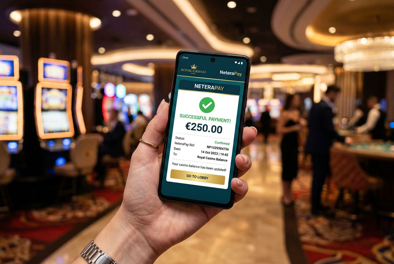 Moderní rozhraní platební brány NeteraPay v mobilním telefonu pro bezpečné casino vklady